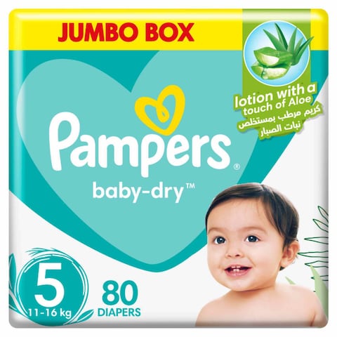 Pampers Aloe Vera Taped Diapers, Size 5, 11-16kg, Jumbo Box, 80 Diapers&nbsp;