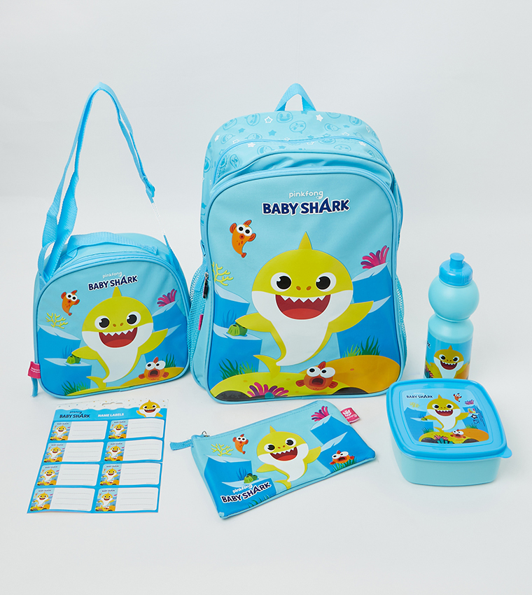 Back To School Set Bag Baby Shark 6 Items (16&quot; Trolley, Lunch Box, Pencil Case, Name Labels, Water Bottle, Lunch Bag)