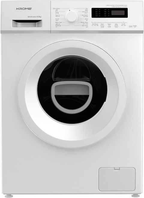 KROME 8KG Front Load Washing Machine, BLDC Inverter Motor,1400 RPM,15 Programs,Fully Automatic with Lunar Dial, 5 Star Energy Rating,LED Display, Multiple Temperature, White,1 year warranty-KR-WFL80SI