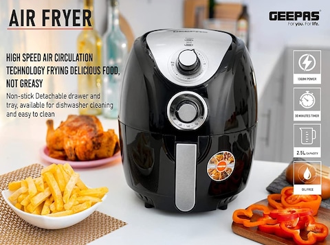 Geepas Gaf37521, 1300W Air Fryer With Rapid Air Circulation System, 2.5L Capacity, Black