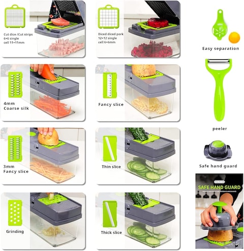 Generic Vegetable Slicer-14-In-1 Multifunctional Veggie Slicer Food Cutter, Household Kitchen Gadgets For Vegetables And Fruit, Gray