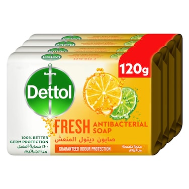 Dettol Fresh Anti-Bacterial Bathing Soap Bar for effective Germ Protection &amp; Personal Hygiene, Protects against 100 illness causing germs, Citrus &amp; Orange Blossom Fragrance, 120g, Pack of 4