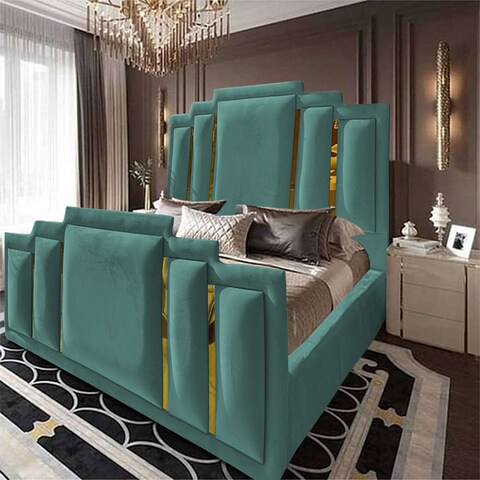 إن هاوس باريس هيكل سرير منجد بالمخمل - نفر ونص - 200×150 سم - تركواز