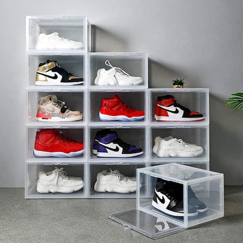 Lushh High quality Transparent Shoe Storage Organizer Box, Stackable, Foldable, Large Capacity Shoe Storage Box Stores Shoes Size up to UK 46, Side Open 6 Box  Set