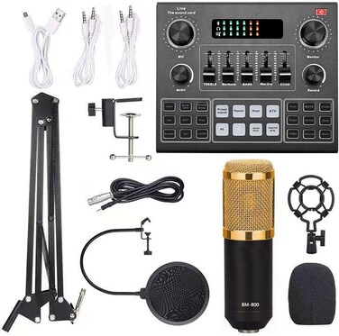Mike Music Multifunctional Live V9 Sound Card and BM800 Suspension Microphone Kit Broadcasting Condenser Microphone Set Intelligent Webcast Live Sound Card for Computers and Mobilephone (v9, Black)