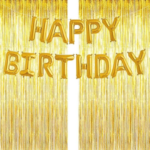 Party Propz 2Pcs Golden Foil Curtain With 1 Golden Happy Birthday Balloon For Birthday Decoration Items