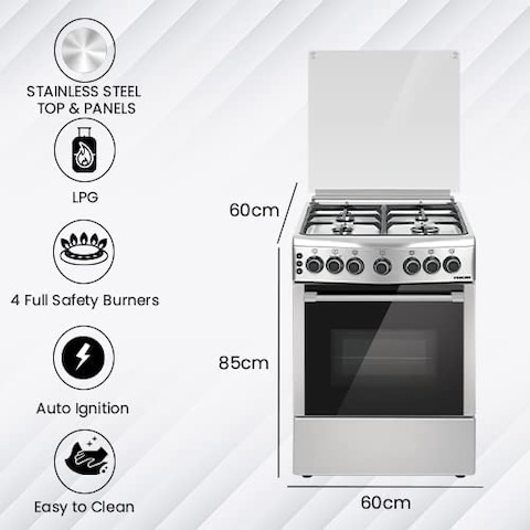 Nikai 60x60 4 SABAF Burner Freestanding Stainless Steel Gas Cooker With Full Safety, Auto-Ignition And Timer, U6066FSSPTN10, Silver
