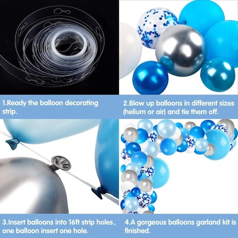 Party Time 130pcs Blue Balloon Garland Arch Kit, with Blue, White, Silver Metal Latex and Blue Confetti Balloons, for Background Backdrop Decoration of Baby Shower, Wedding, Birthday Party Decoration