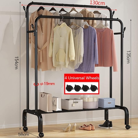 Jjone Clothing Garment Rack, Metal Double Rail Hanging Clothes Storage Shelf For Boxes, Shoes, Boots, Commercial Grade, Multi-Purpose, Entryway Shelving Unit For Home Office Bedroom (X037-218Black)