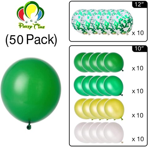 Party Time 50-Pieces Safari Theme Party Balloons Set of 10inches Green, White and Gold Latex Balloons &amp; Green Confetti Balloon Decoration For Safari Birthday Party Decoration - Party Supplies