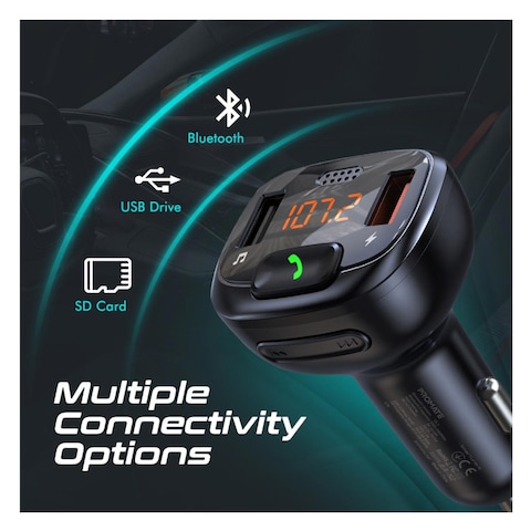 Promate SmarTune-4 FM Transmitter Kit With Handsfree And Quick Charge 3.0 Black