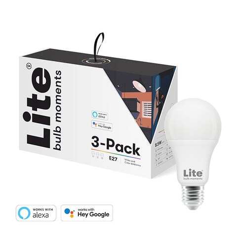 Lite Bulb Moment A60 RGB LED Lamp 2700-6500K E27 8.5 Watts WiFi &amp; Bluetooth - 3 Pack- White