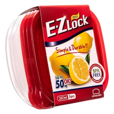 Lock &amp; LockEZ Lock Easy Plastic Square Food Container HLE8104 Clear/Red 250ml 3 PCS