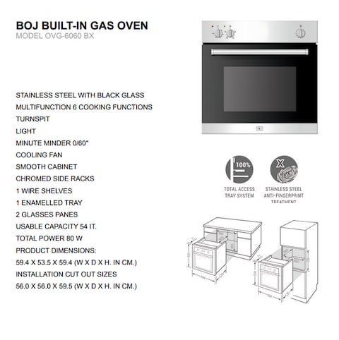 BOJ Built In 60cm Gas Oven, OVG 6060BX, Stainless Steel With Black Glass, Multifunction Gas Cooker With 6 Cooking Functions, High Quality LPG Cooker, Made In Italy - 1 Year Manufacturer Warranty