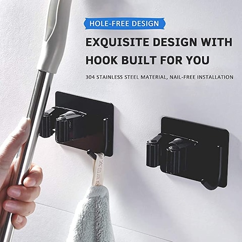 SHOWAY Broom Mop Holder Wall Mount, Wall - Mount - Mop Clips 4 Pack Self-Adhesive Mop Grippers Heavy Duty Broom Hanger for Laundry Room Garden Tool Holder Bathroom Accessories (Black)