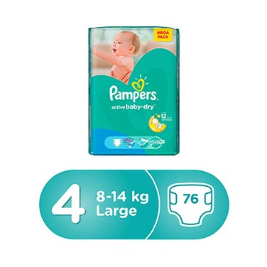 Pampers Active Baby Dry Diapers Mega Pack Size 4 8-14KG 76 Count