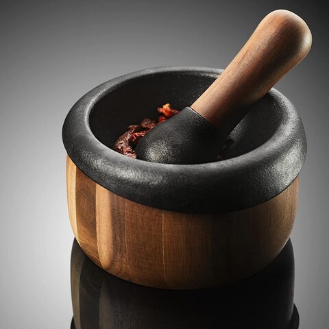 Adhoc Mo20 Crush Pestle &amp; Mortar, Cast Iron/Acacia Wood, Spice Grinder/Herb Grinder, (H)75mm X (D)130mm, Brown/Black