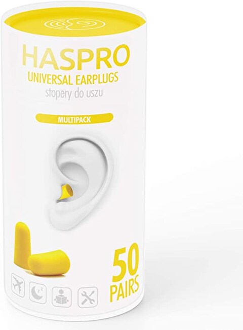HASPRO [50 PAIRS] Eco-Friendly Bulk Pack, Ultra Soft Foam Earplugs in GIGA Tube with Carry Case, Best Earplugs for Noise Canceling, Snoring, Work, DIY, Noise Reduction SNR 38dB (Yellow)