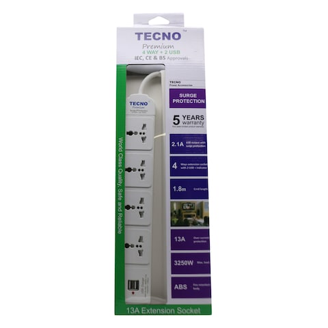 Tecno 4-Way + 2USB Surge Extension
