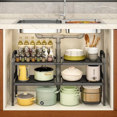 GStorm Multifunctional 2 layer kitchen under sink organizer, multi specification 2 layer expandable under sink organizer Suitable for bathroom kitchen cabinet storage (Black)