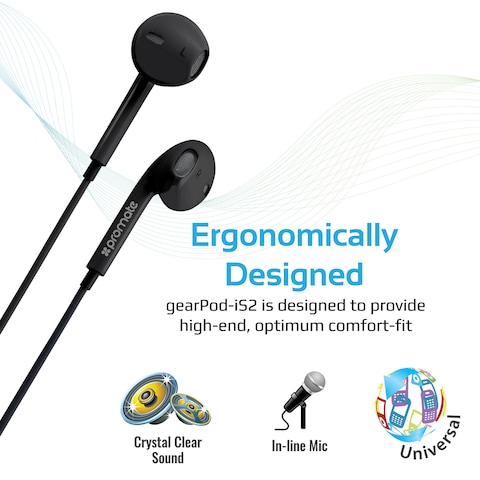 Promate Earphones, In-Ear 3.5mm Universal Crystal Sound and Noise Isolating Earbuds with In-Line Remote Volume Control and Built-In Mic - GearPod-IS2 Black