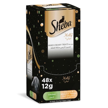 Sheba Cat Food, Melty Mixed Creamy Treats Chicken &amp; Chicken &amp; White Fish 12g Pouches (Pack of 48)