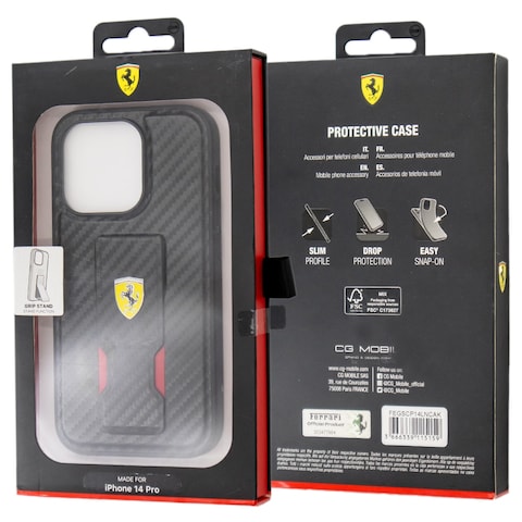 Ferrari Grip Stand PU Carbon Hard Cover iPhone 14 Pro