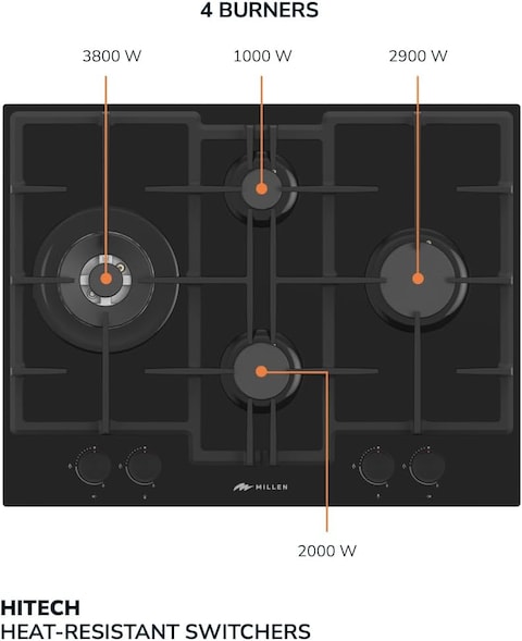 MILLEN MGHG 6503 BL 65 cm Built-in 4 Burners Gas Hob - Glass Finish, 9700 Watts, Mechanical and Electronic Ignition Control, 3 Year Warranty