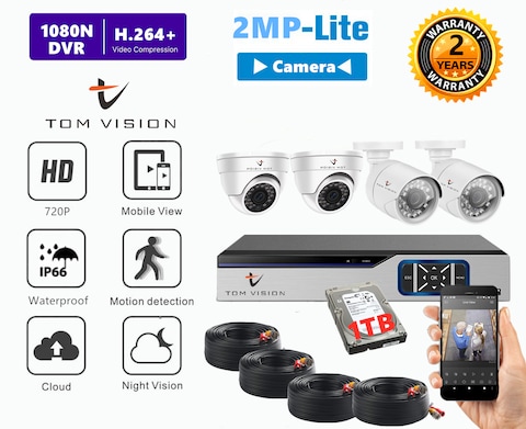 Tomvision - 2Megapixels 4CH Home Security Camera System, Surveillance DVR kit with 2 Dome Camera/Indoor Camera &amp; 2 Bullet Camera/Outdoor Camera (4CH 1TB HDD)