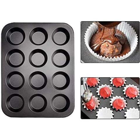 Showay 12 Cavity Cupcake Bakeware Pan Non-Stick Carbon Steel Muffin Cakes Bread Jelly Baking Tray