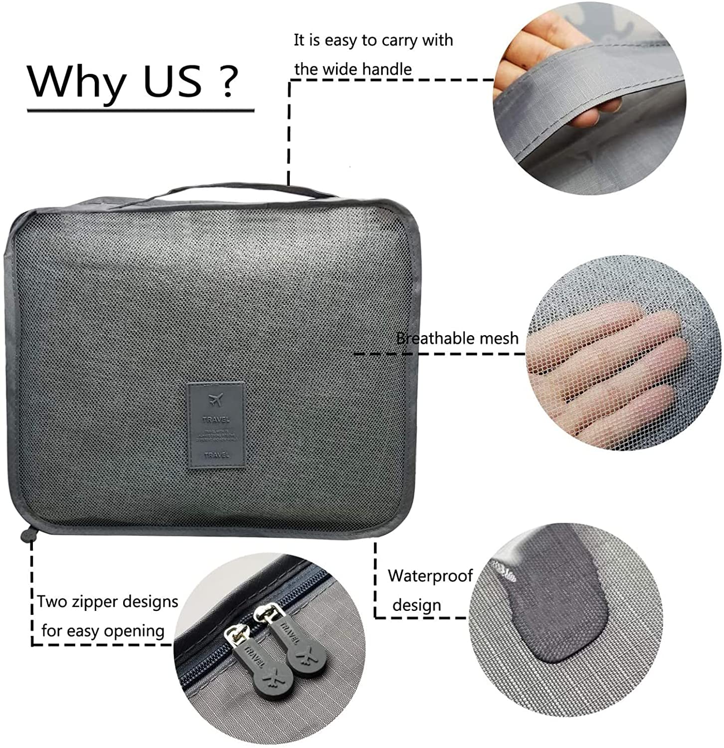 Sky-Touch 6Pcs Set Travel Luggage Organizer Packing Cubes Set Storage Bag Waterproof Laundry Bag Traveling Accessories - Gray