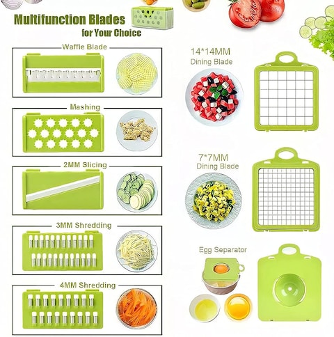 Generic Vegetable Chopper Cutter Slicer Mincer Grater Dicer Pro All In One Multi Gadget Kitchen, 14 In 1 With 8 Different Blades Sizes Portable Container &amp; Holder, Cleaning Fork, Gray