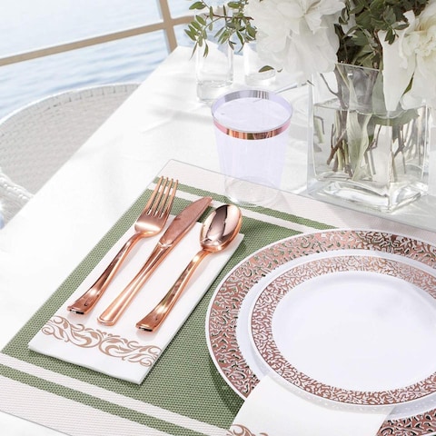 Aiwanto 175Pcs Disposable Dinner Set Dinnerware Set Rose Gold Lace Design Plate Spoon Set for Birthday Anniversary Christmas Party Accessories