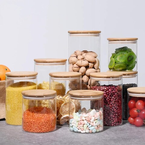 1CHASE Borosilicate Glass Jars With Bamboo Lids, Glass Food Storage Jars With Wood Lids For Pantry-5 Pcs Set (1200ml/ 750ml/ 500ml)