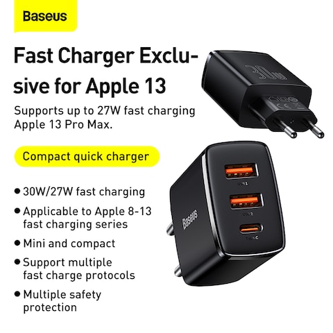 Baseus 30W USB C PD Fast Charger 1 Port Type-C and Dual Port QC3.0 Quick Wall Adapter EU Plug Black