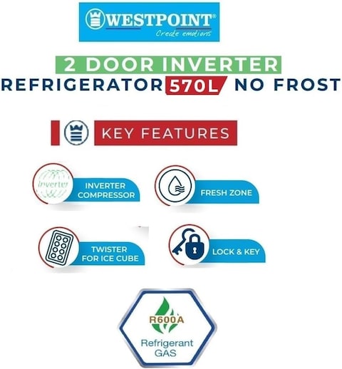 Westpoint 570 Liters Double Door NO FROST Refrigerator 3 Star ESMA RATED with INVERTER COMPRESSOR WNN5719EIV Silver