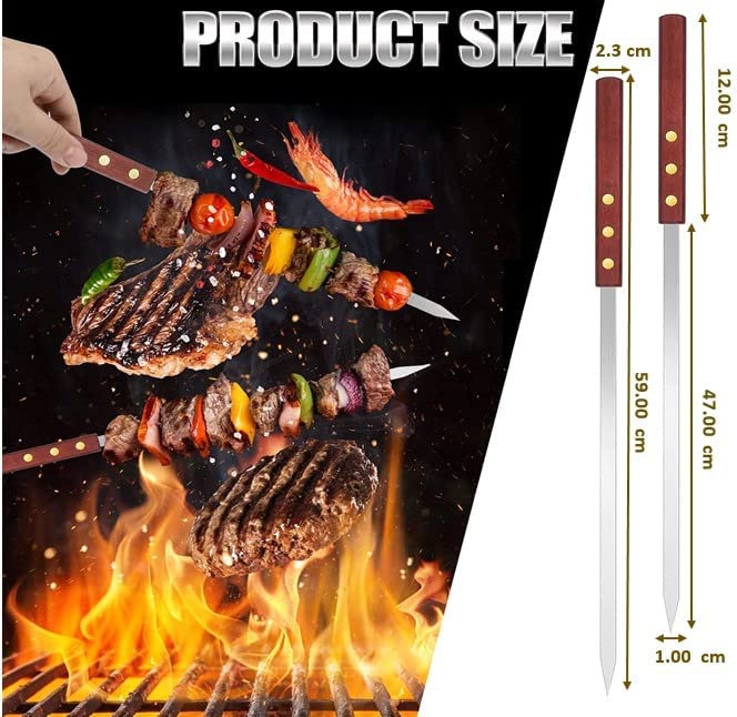 Skewers for Kabobs, Stainless Steel Kebab Long Skewers for BBQ Reusable with Wood Handle (12 Pcs)