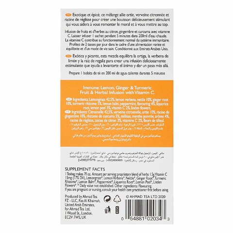Ahmad London Immune Lemon Ginger And Turmeric With Vitamin C Tea Bag 1.5g x 20 Pieces