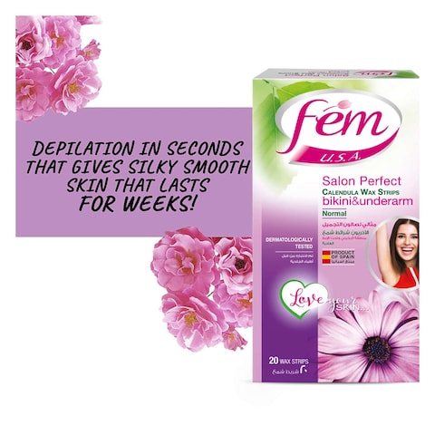 Fem Salon Perfect Bikini And Underarm Calendula Wax Strips For Normal Skin 20 Pieces