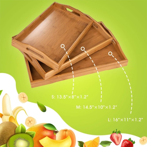 Showay 3 Pack Serving Tray, Large Bamboo Serving Tray With Handles Wood Serving Tray Set For Coffee, Food, Breakfast, Dinner