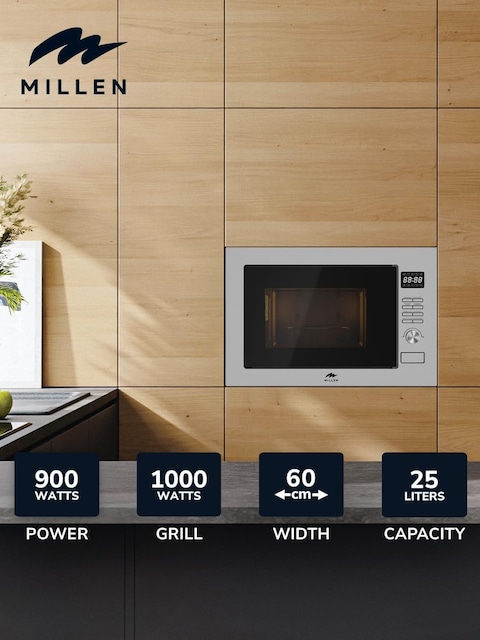 MILLEN Microwave Oven, 25L, 3Y Warranty, Stainless Steel Finish, Mechanical Control, 900W Microwave Power, 1000W Grill Power, 8 Automatic Programs, MBW 381 SX
