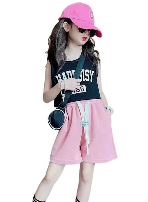 Mei Stylish Girl&#39;s Summer 2 Piece Outfit Sleeveless T-shirt and Short Pant Set, 13-15 Years, Pink &amp; Black