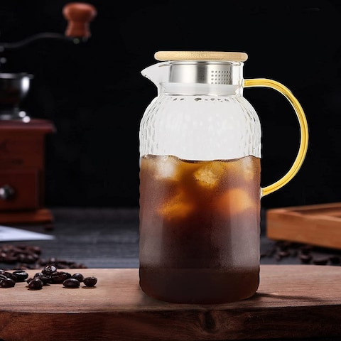 1Chase Heat Resistant Borosilicate Glass Water Pitcher With Bamboo Lid And Stainless Steel Strainer For Tea, Coffee, Juice And For Daily Use,1800 ml (Only Pitcher).