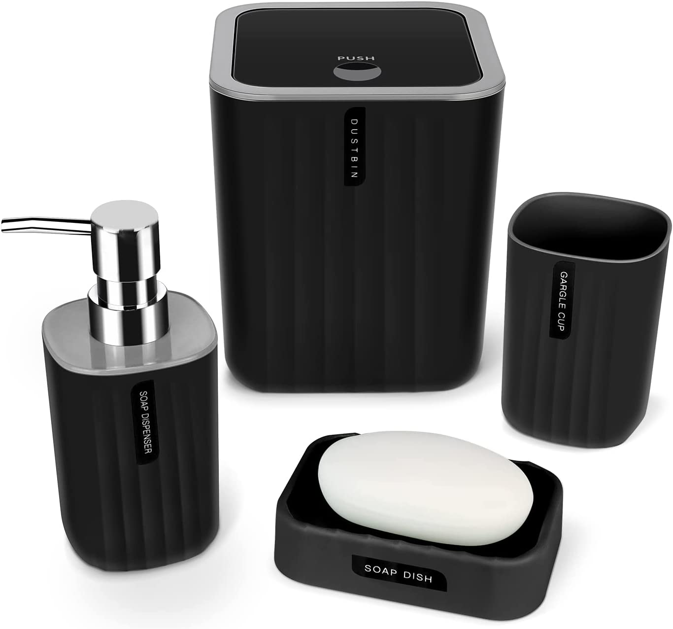 Generic Bathroom Accessory Set - 4 Piece Bathroom Accessories Set with Trash Can, Soap Dish, Soap Dispenser, Toothbrush Cup, Bathroom Decor Sets With Desktop Small Trash Can - Black Stripe