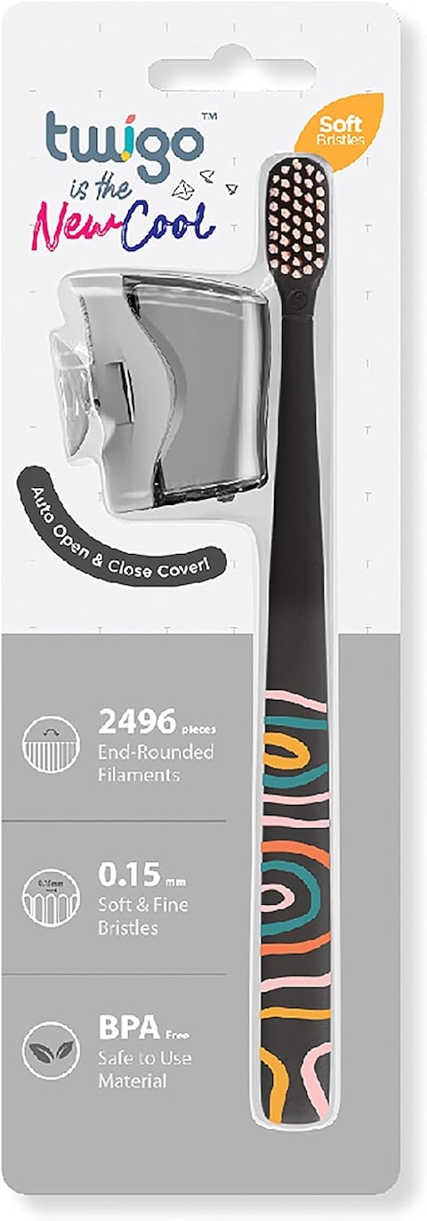Flipper Toothbrush Cover &amp; Toothbrush Flp Twigo Basic Combo Pack, Soft Bristles, For Adults, Made In Malaysia, Smoke