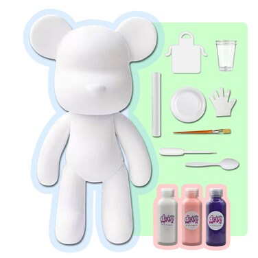 DIY CREATE YOUR OWN UNIQUE ACRYLIC FLUID POURING PAINT BEAR (9 inch - 23 cm) COMPLETE SET, colors: White, Light-Pink, Dark-Blue. Arts and Crafts, Customize Handmade Creative Birthday Gift