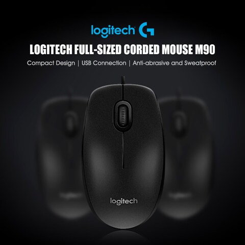 Logitech-Black M90 Corded Mouse Universal Office Classroom Mouse Optical Tracking Full-size Design 1000dpi for PC Laptop