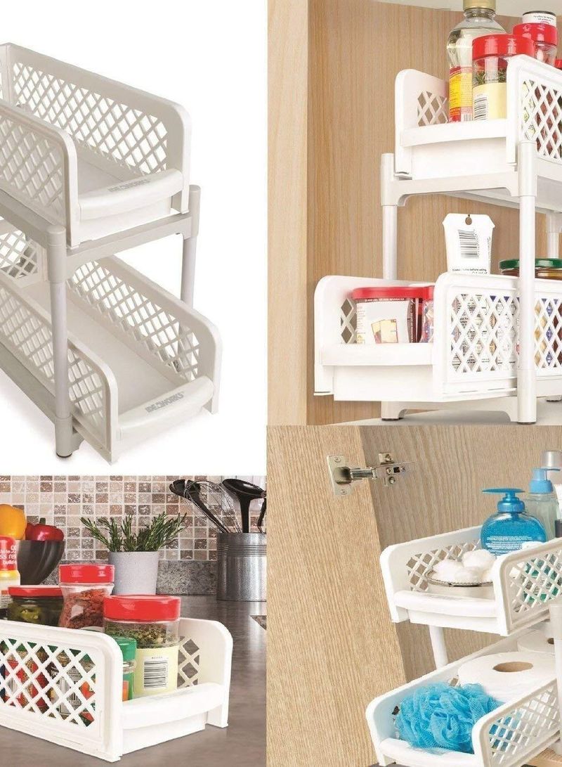 Portable 2 Tier Basket Drawer Kitchen And Bathroom Cabinets White