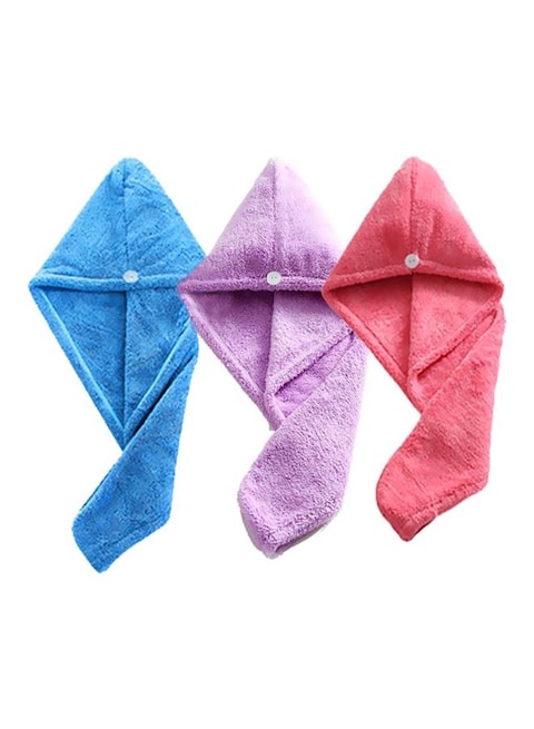 Mylsmple Pack Of 3 Microfiber Hair Towel Turban Wrap Blue/Purple/Pink 63X24cm