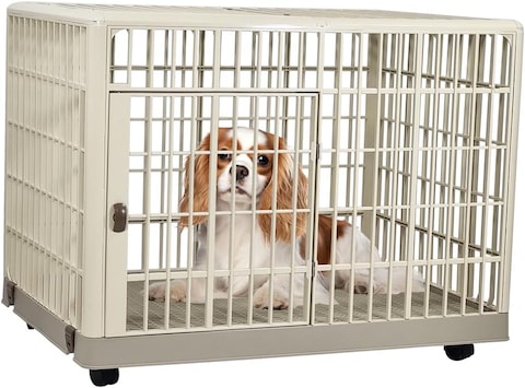 Dog cage with Open-top design, Lockable doors, and Universal wheels, Durable plastic dog crate kennel for medium and large dogs, suitable for indoor &amp; outdoor 82 cm (Khaki)